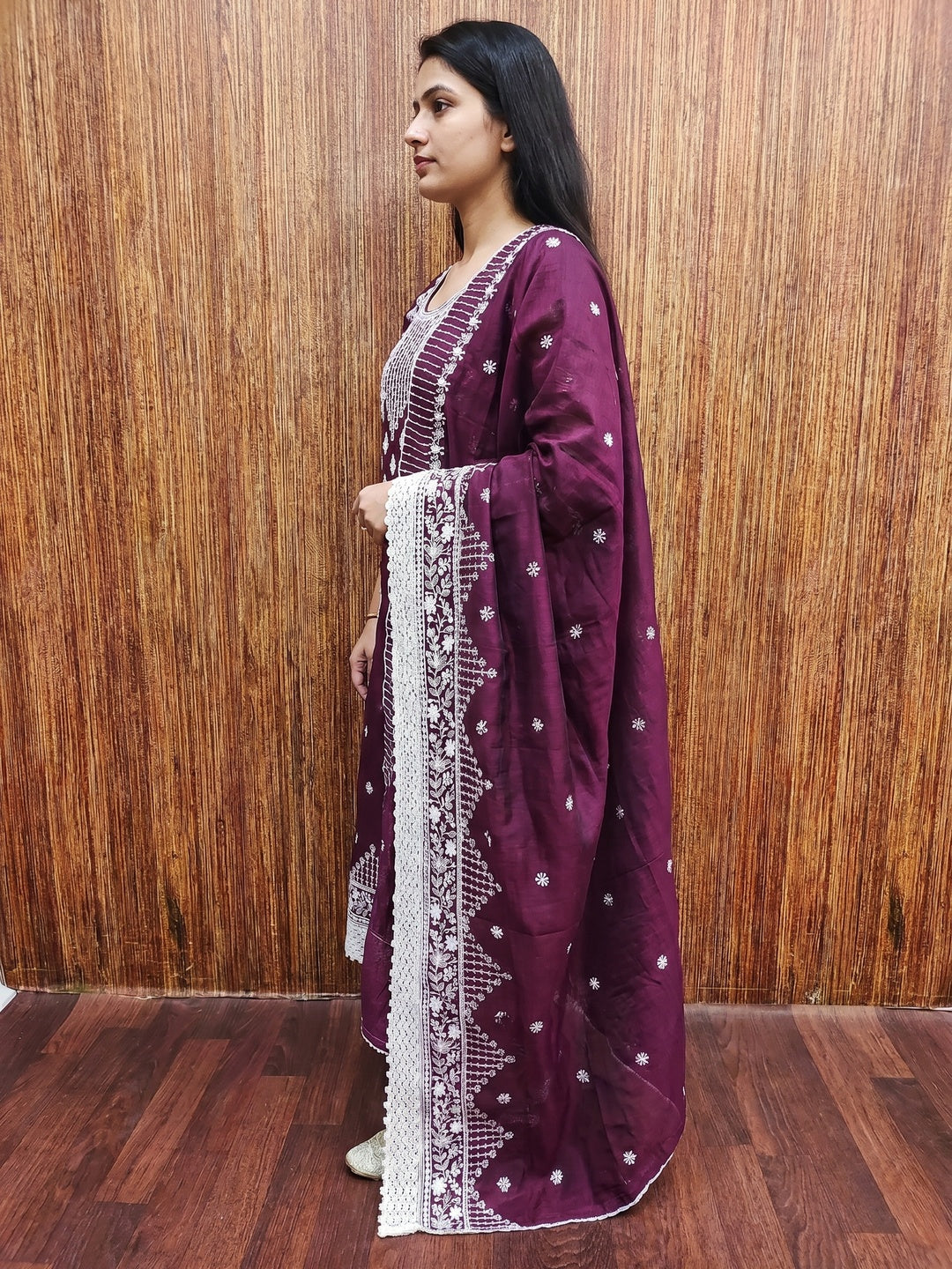 Purple Floral Embroidered Chanderi Dress Material - Image 2