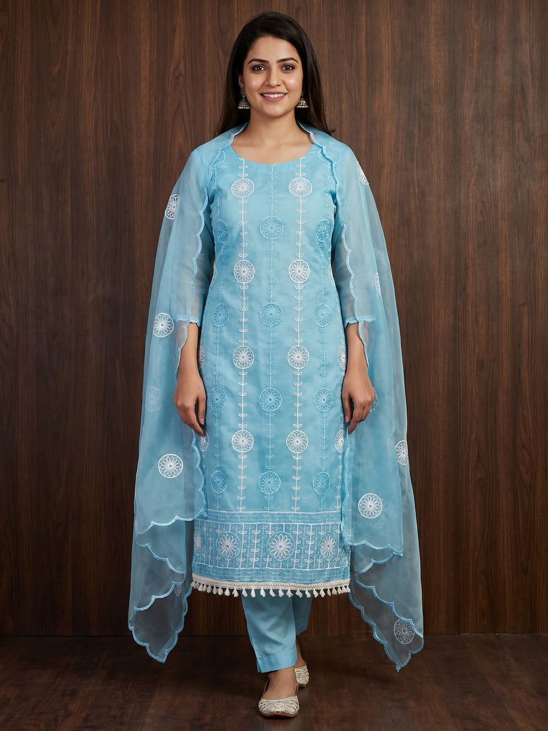 Blue Floral Embroidered Organza Dress Material - Image 1