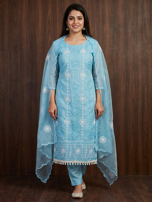 Blue Floral Embroidered Organza Dress Material - Image 1