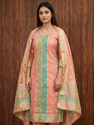Peach Floral Woven With Hand Embroidered Jacquard Dress Material - Image 1