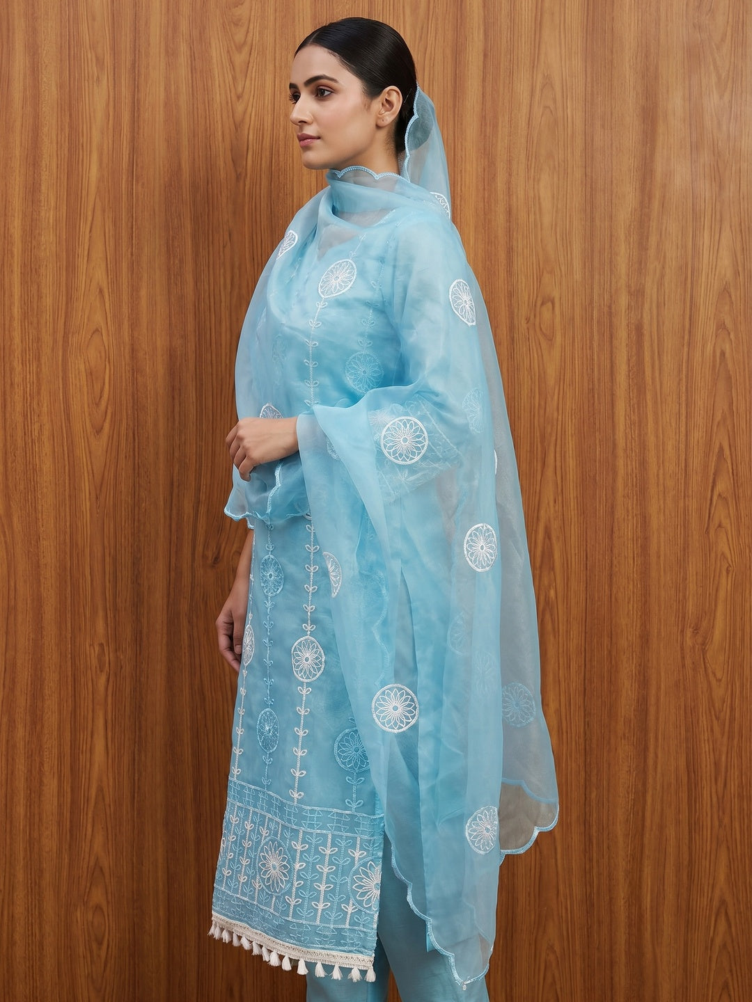 Blue Floral Embroidered Organza Dress Material - Image 2