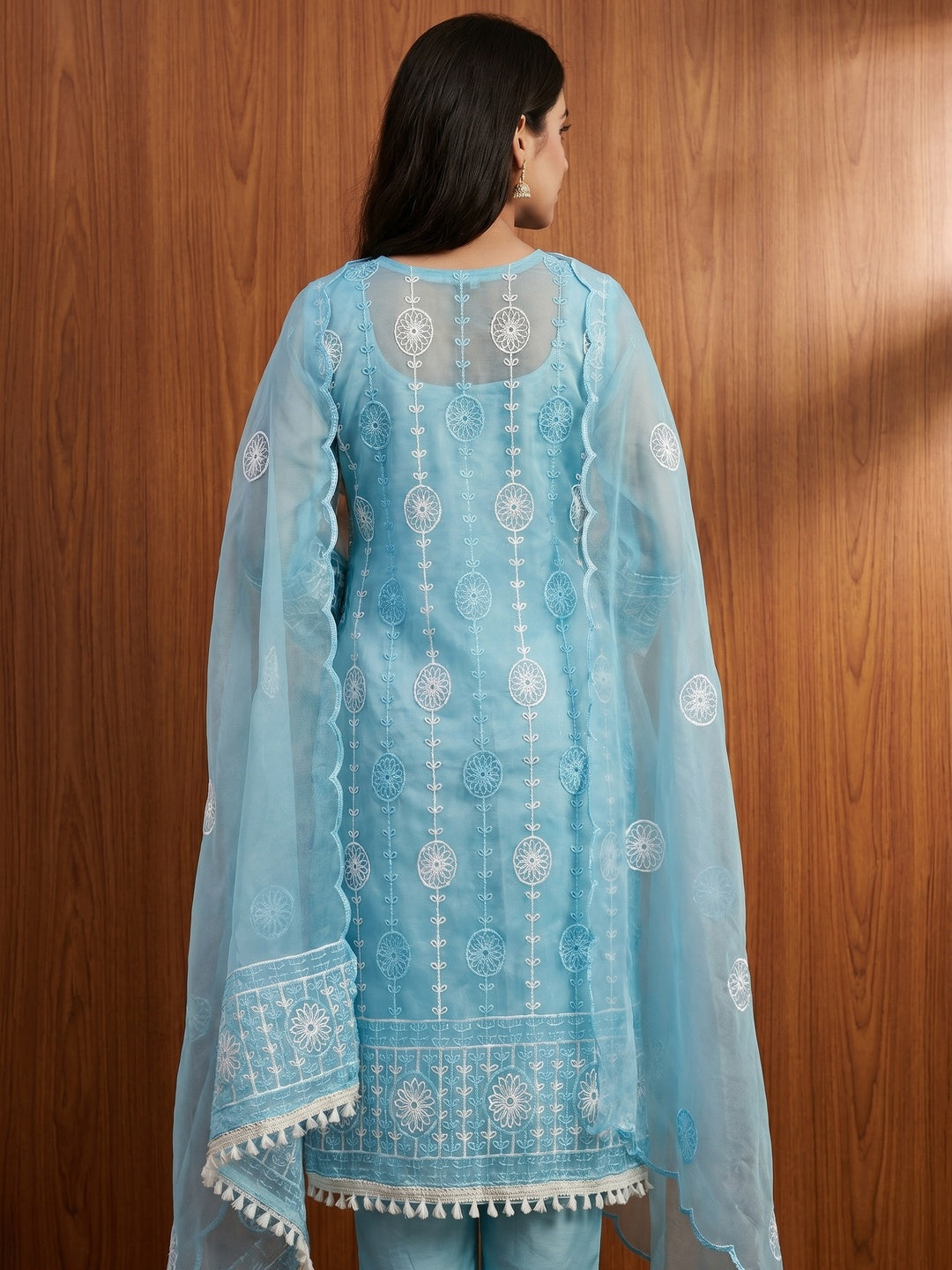 Blue Floral Embroidered Organza Dress Material - Image 3