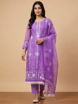 Purple Floral Embroidered Organza Dress Material - Image 1