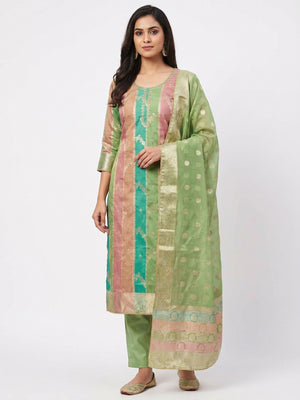 Green Floral Woven With Hand Embroidered Jacquard Dress Material - Image 1