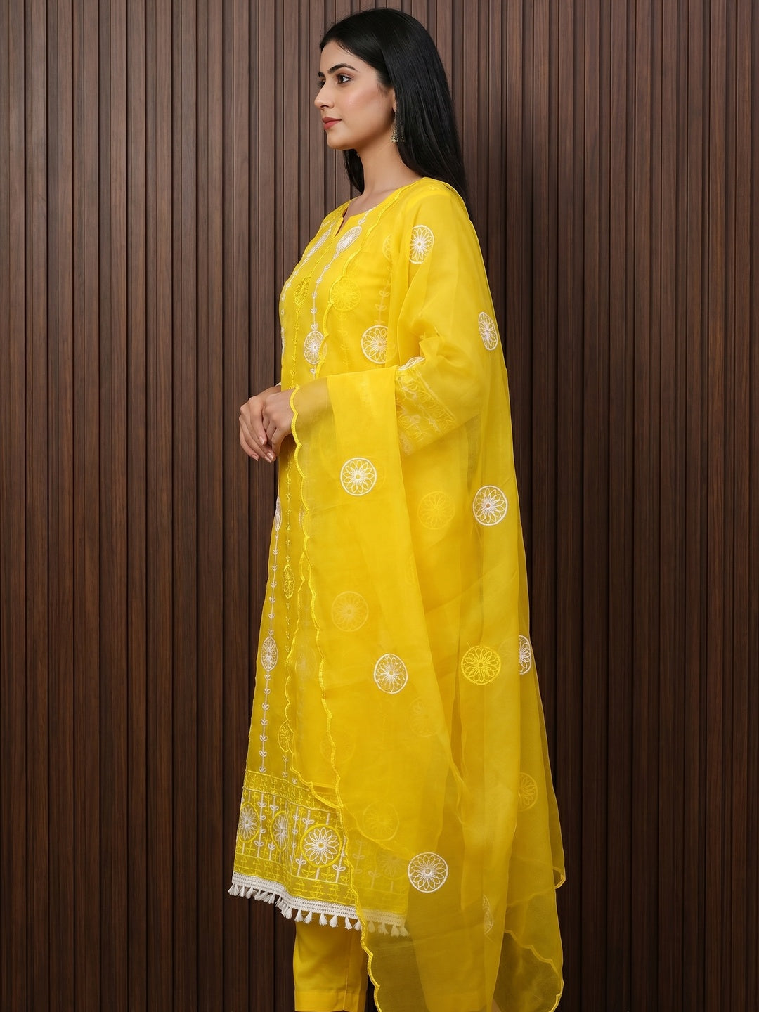 Yellow Floral Embroidered Organza Dress Material - Image 3