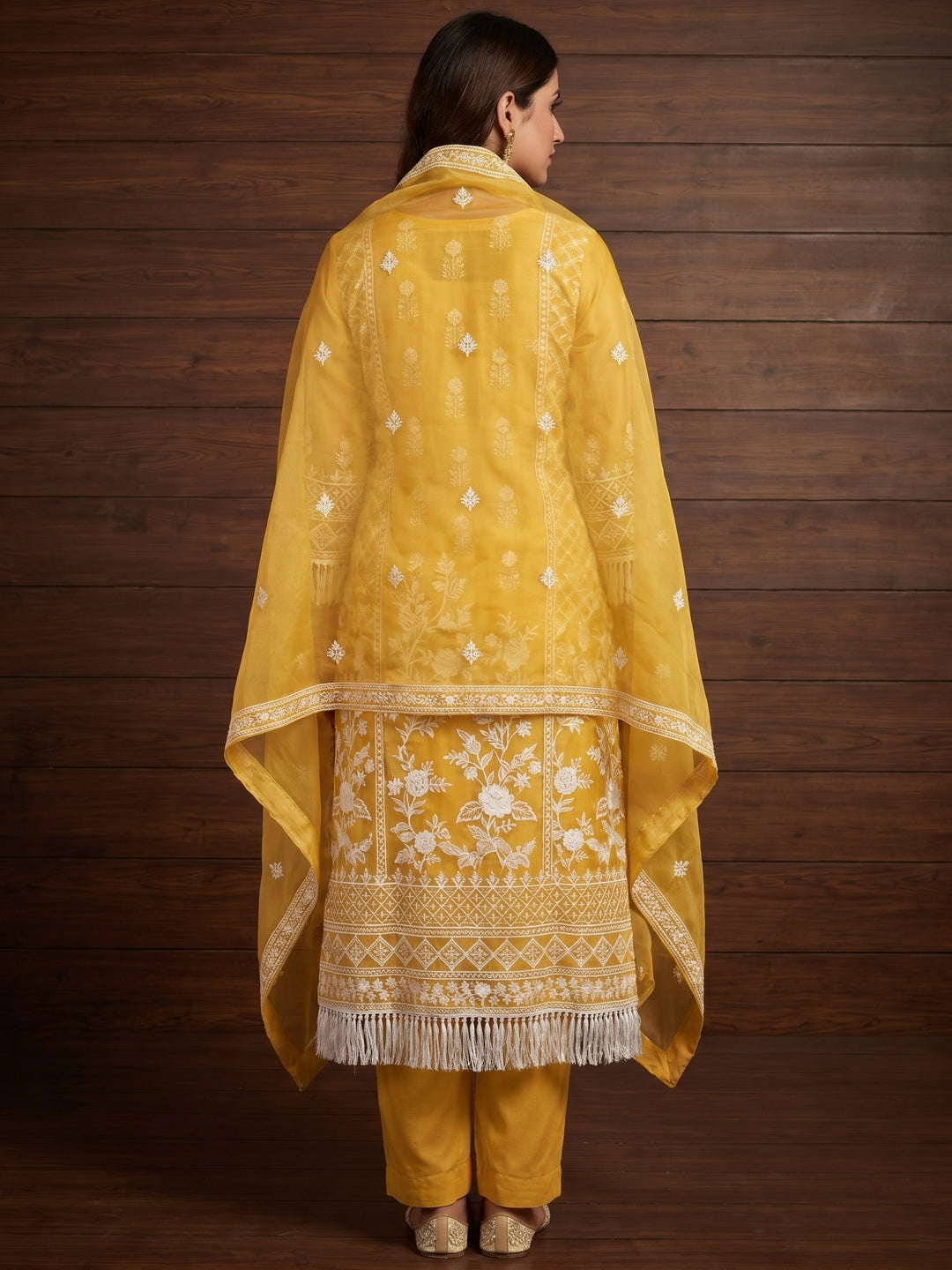 Yellow Floral Embroidered Organza Dress Material - Image 2