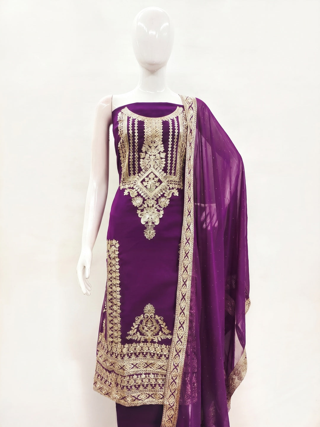 Purple Floral Sequins Embroidered Georgette Dress Material - Image 1