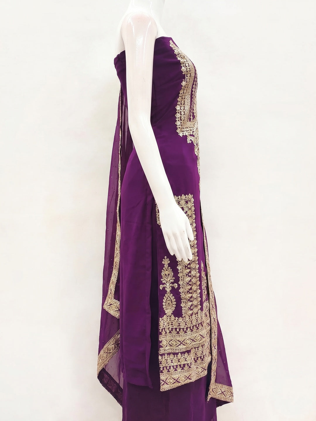 Purple Floral Sequins Embroidered Georgette Dress Material - Image 3