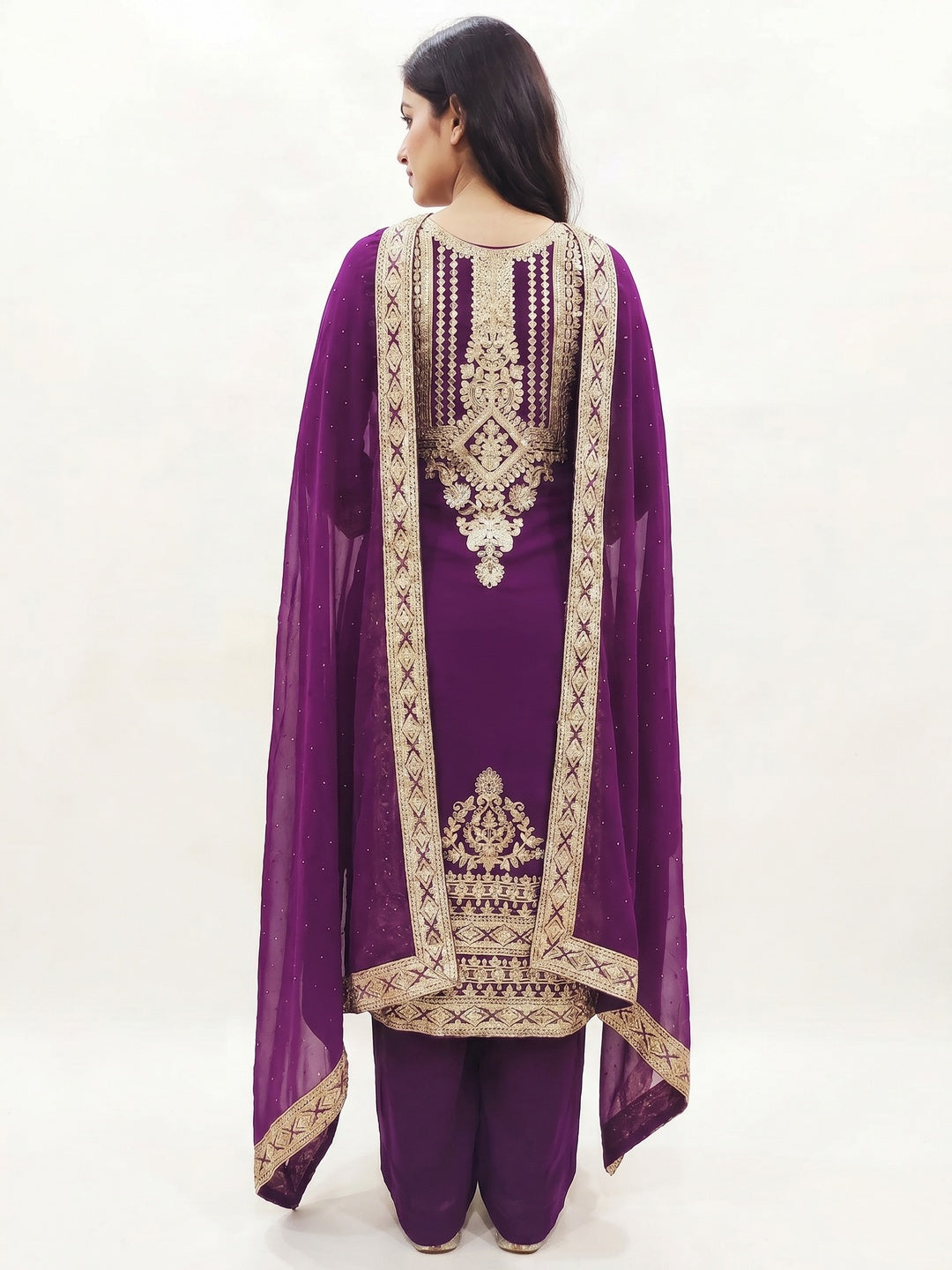 Purple Floral Sequins Embroidered Georgette Dress Material - Image 2