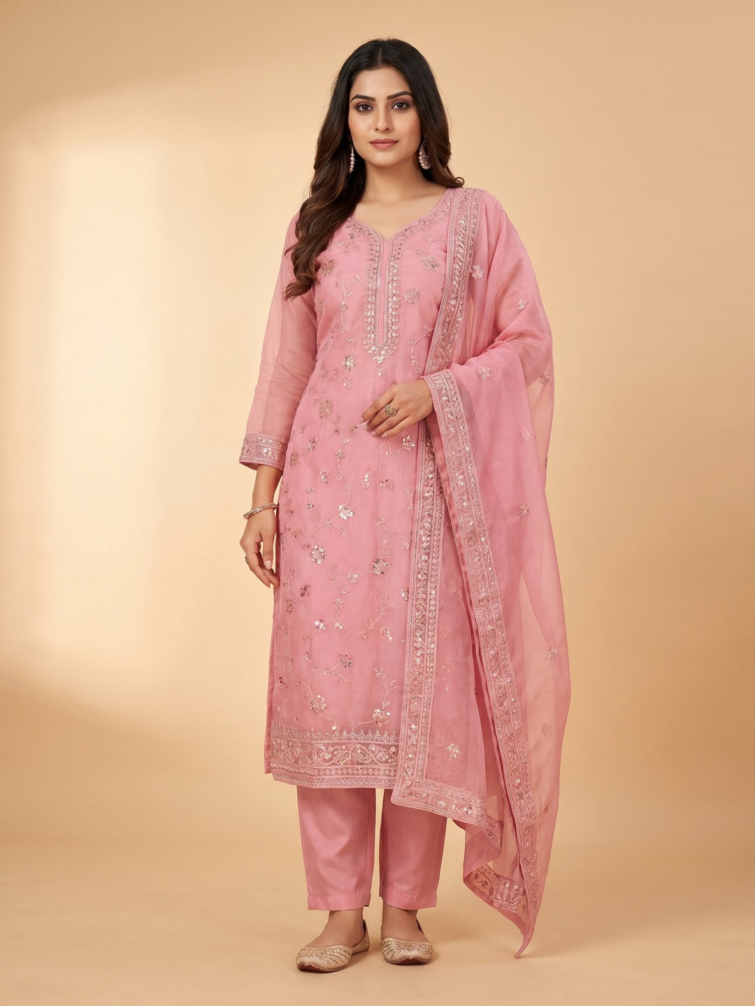 Pink Floral Sequins Embroidered Organza Dress Material - Image 1