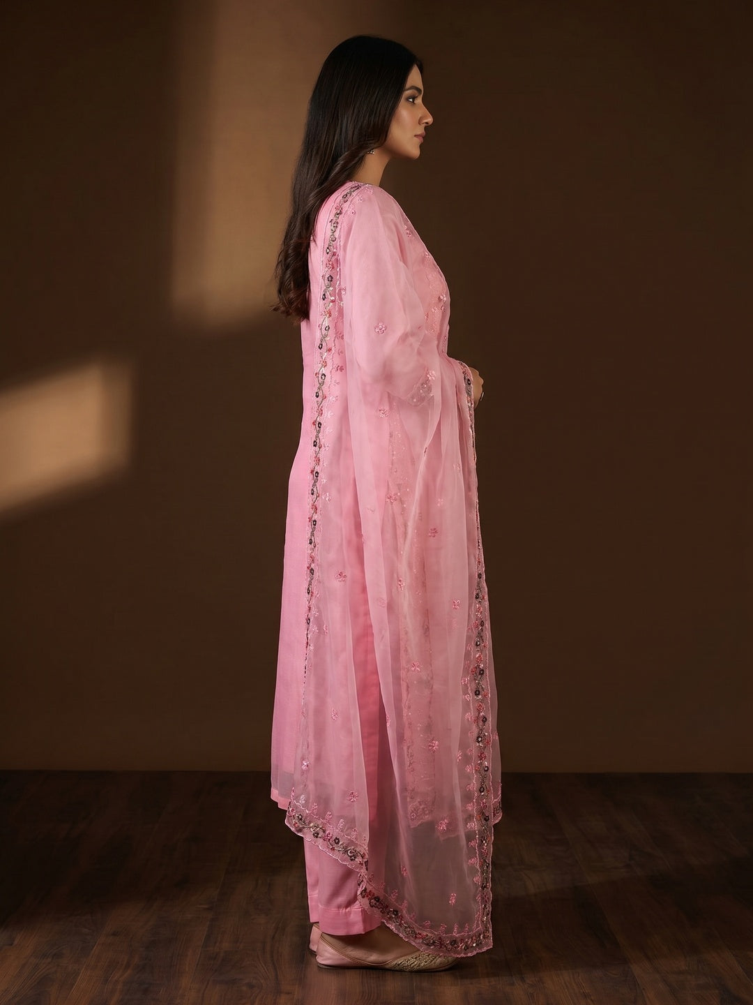 Pink Floral Sequins Embroidered Organza Dress Material - Image 3
