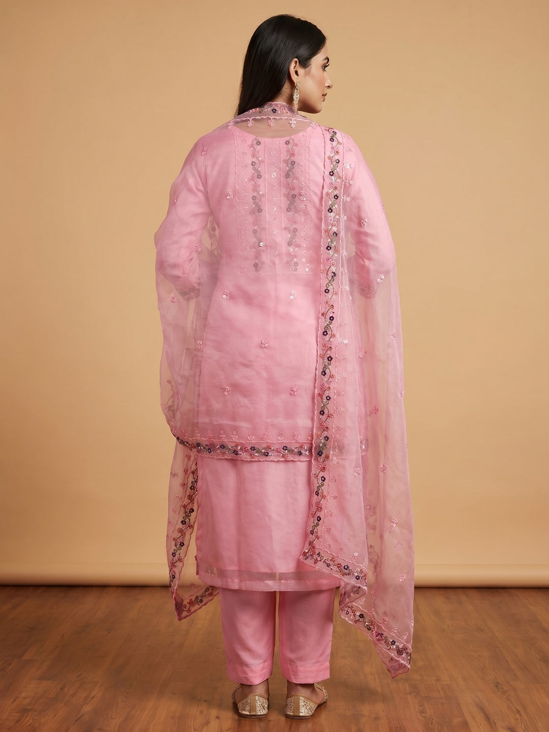 Pink Floral Sequins Embroidered Organza Dress Material - Image 2