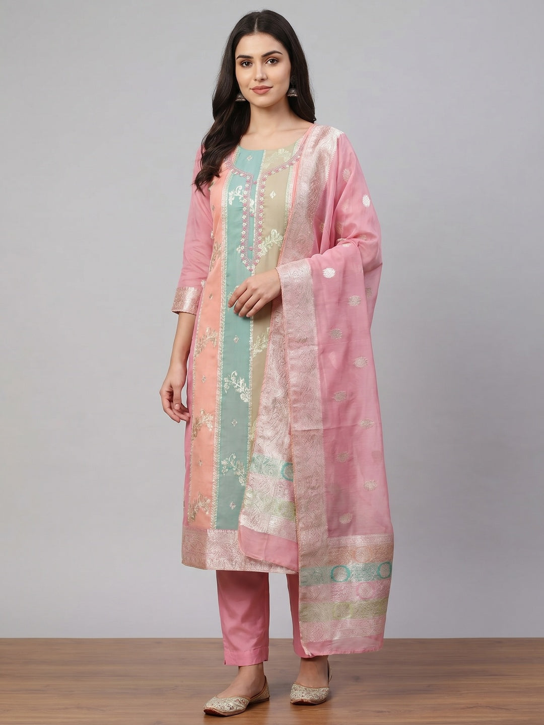 Pink Floral Woven With Hand Embroidered Jacquard Dress Material - Image 1
