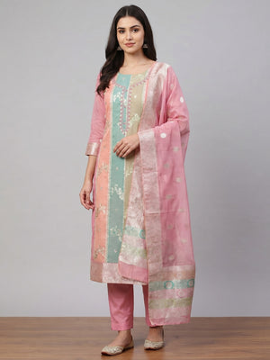 Pink Floral Woven With Hand Embroidered Jacquard Dress Material - Image 1