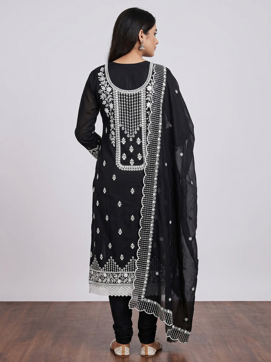 Black Floral Embroidered Chanderi Dress Material - Image 3