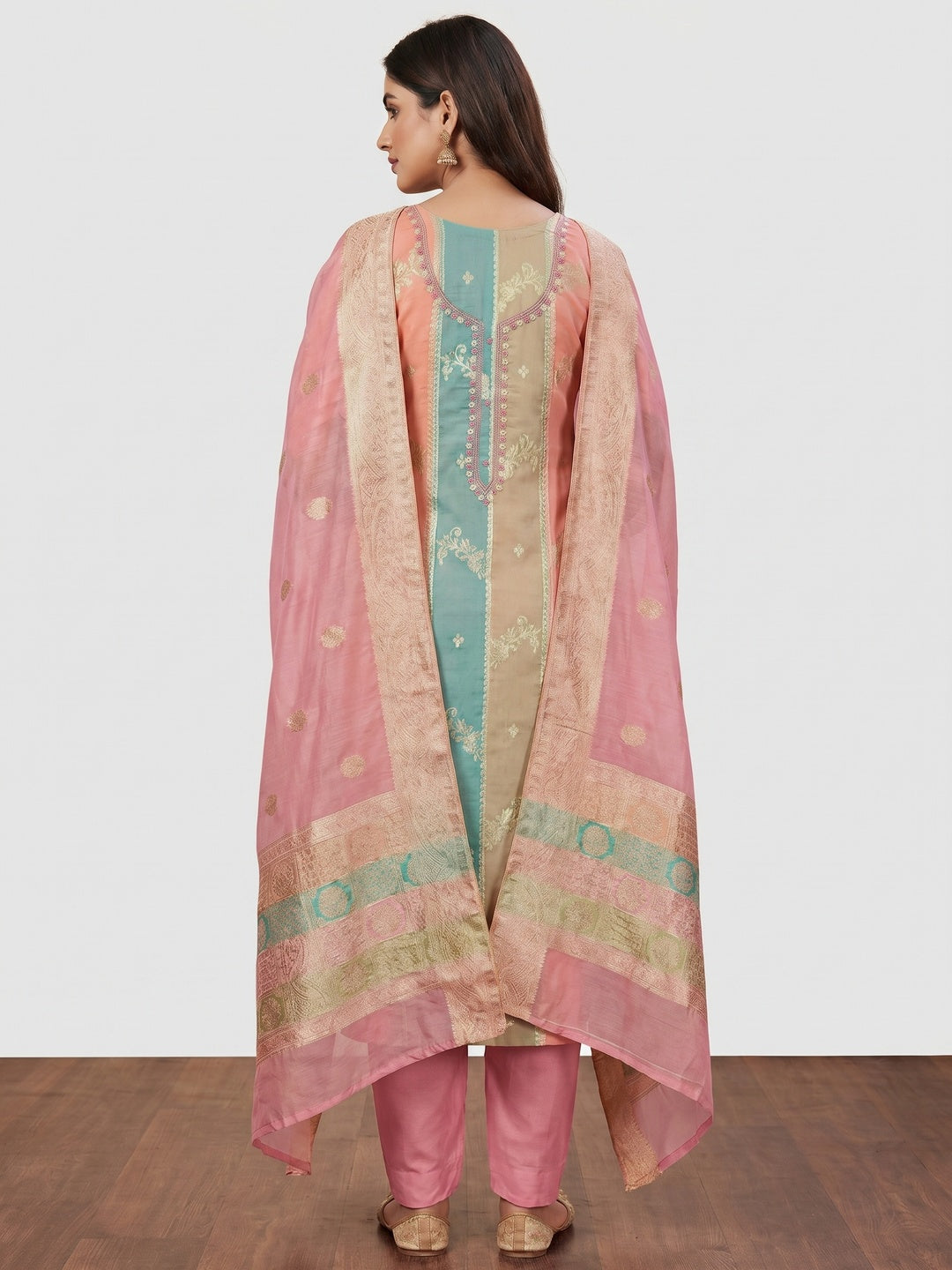 Pink Floral Woven With Hand Embroidered Jacquard Dress Material - Image 3
