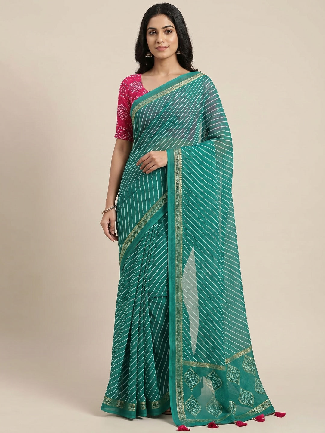 Rama Green Leheriya Printed Georgette Saree - Image 1