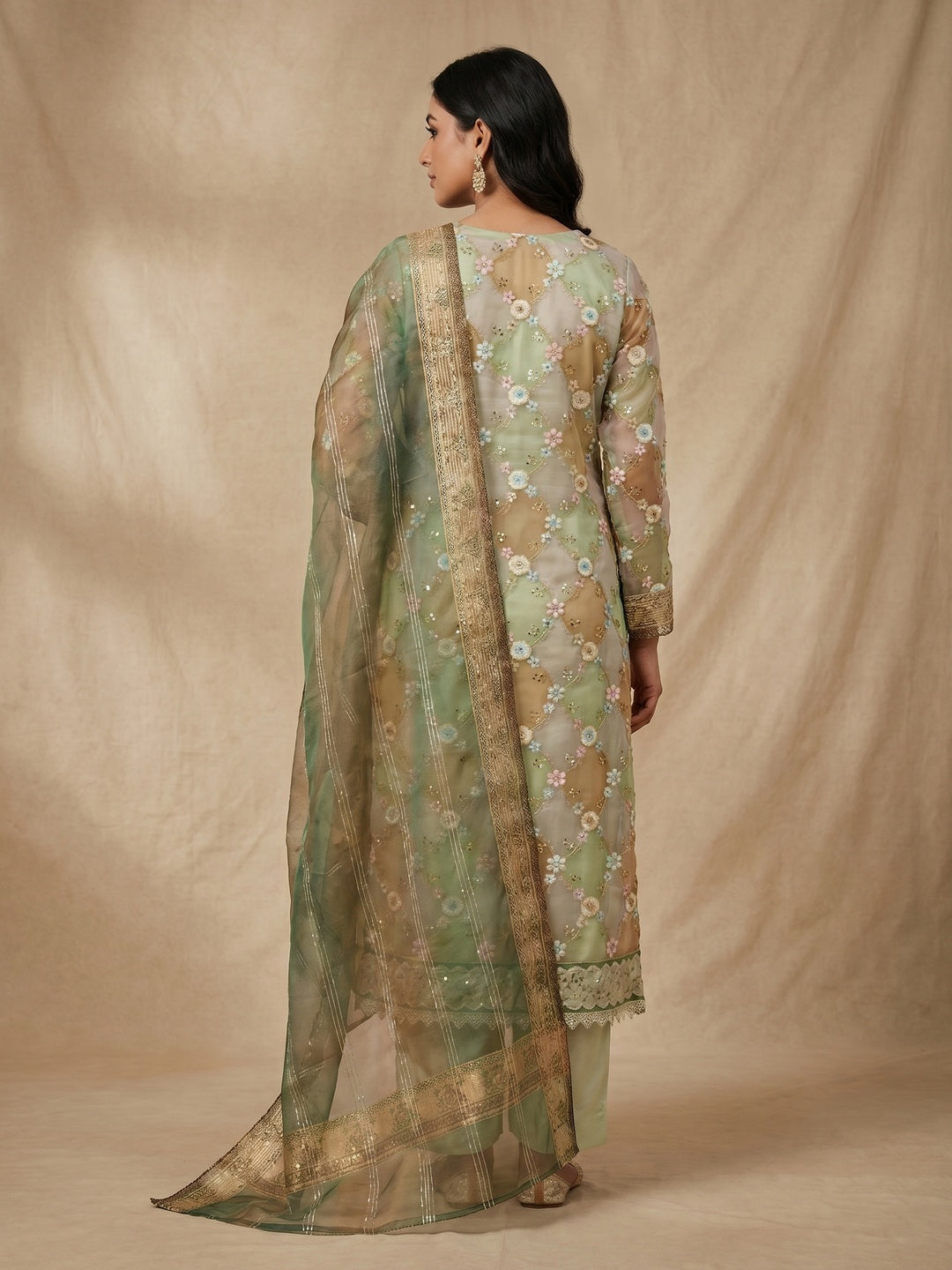 Green Floral Sequins Embroidered Organza Dress Material - Image 2