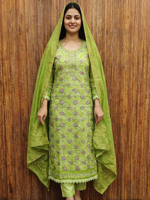 Green Floral Sequins Embroidered Organza Dress Material - Image 1
