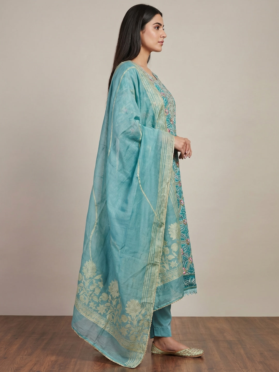 Blue Floral Sequins Embroidered Organza Dress Material - Image 3