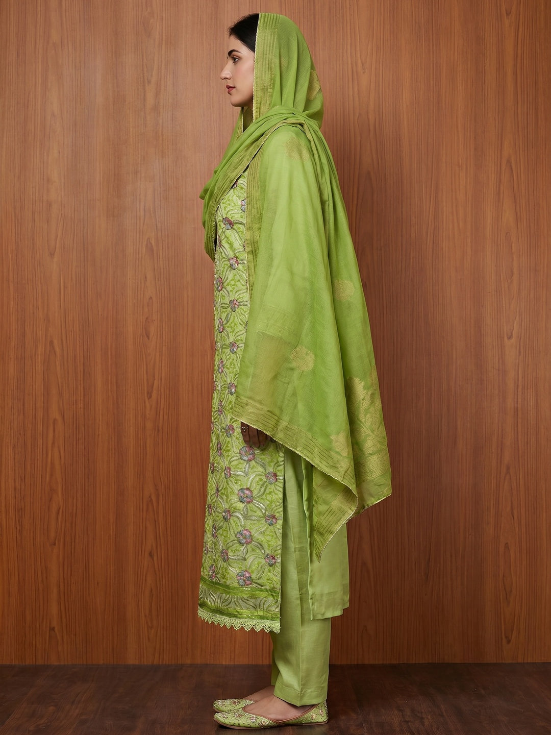 Green Floral Sequins Embroidered Organza Dress Material - Image 3