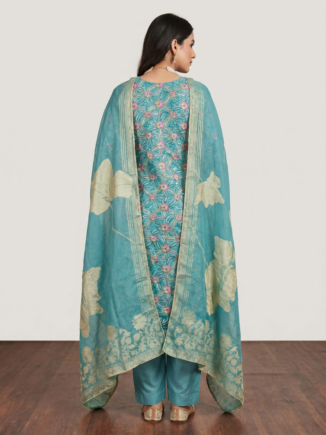 Blue Floral Sequins Embroidered Organza Dress Material - Image 2
