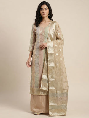 Chikoo Floral Woven With Hand Embroidered Jacquard Dress Material - Image 1