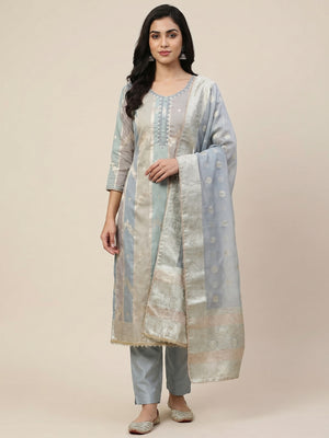 Grey Floral Woven With Hand Embroidered Jacquard Dress Material - Image 1