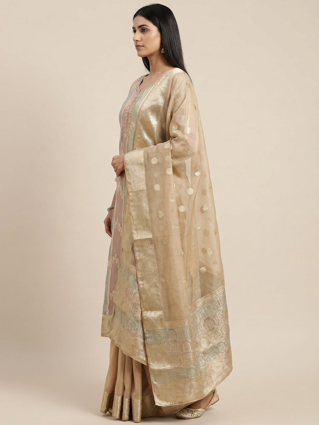 Chikoo Floral Woven With Hand Embroidered Jacquard Dress Material - Image 2