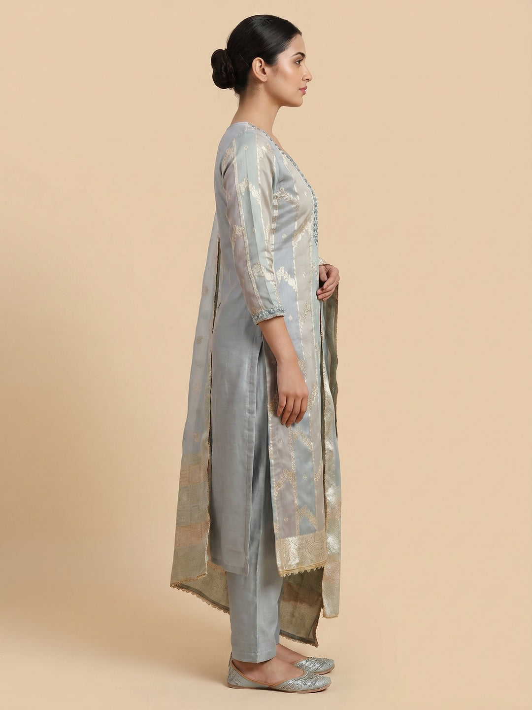 Grey Floral Woven With Hand Embroidered Jacquard Dress Material - Image 2
