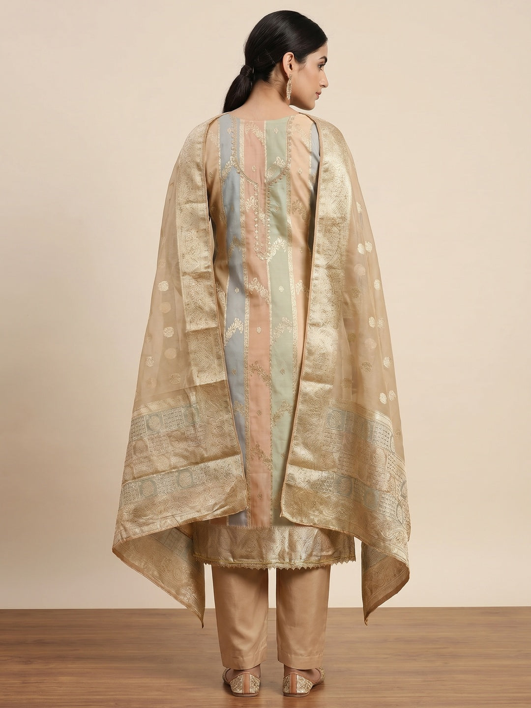 Chikoo Floral Woven With Hand Embroidered Jacquard Dress Material - Image 3