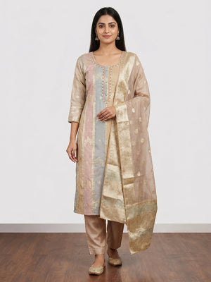Beige Floral Woven With Hand Embroidered Jacquard Dress Material - Image 1