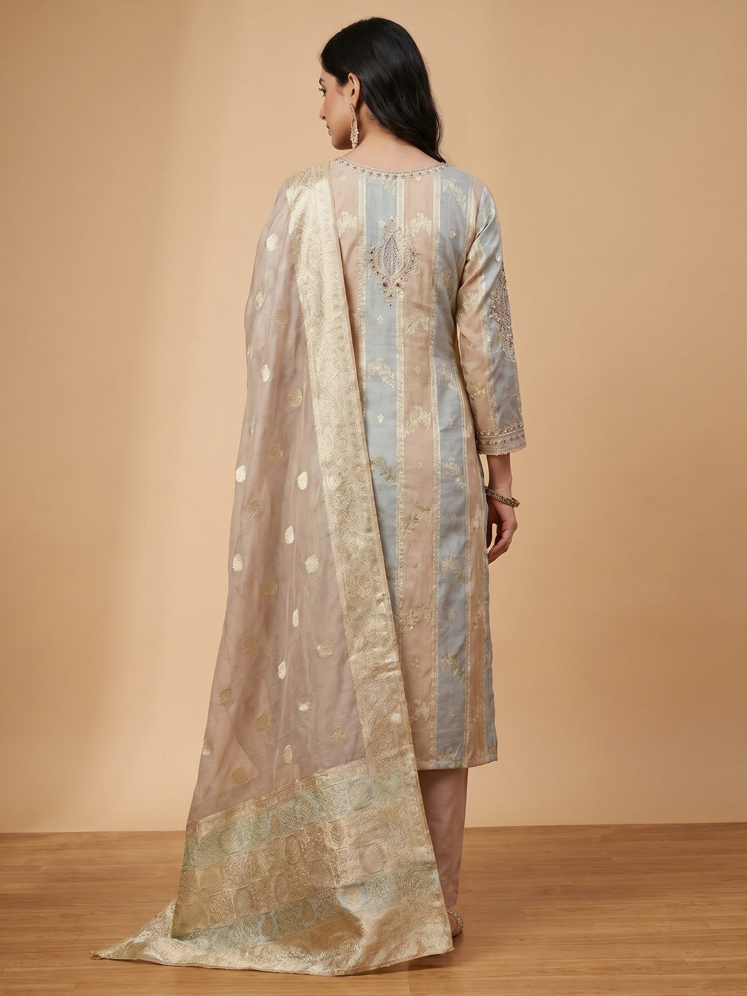 Beige Floral Woven With Hand Embroidered Jacquard Dress Material - Image 3