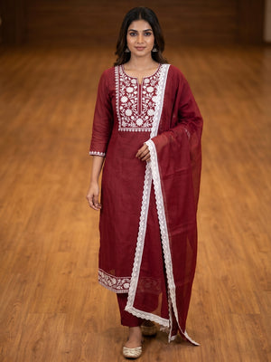 Maroon Floral Embroidered Chanderi Dress Material - Image 1
