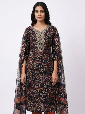 Black Floral Printed Pure Cotton Dress Material - Image 1