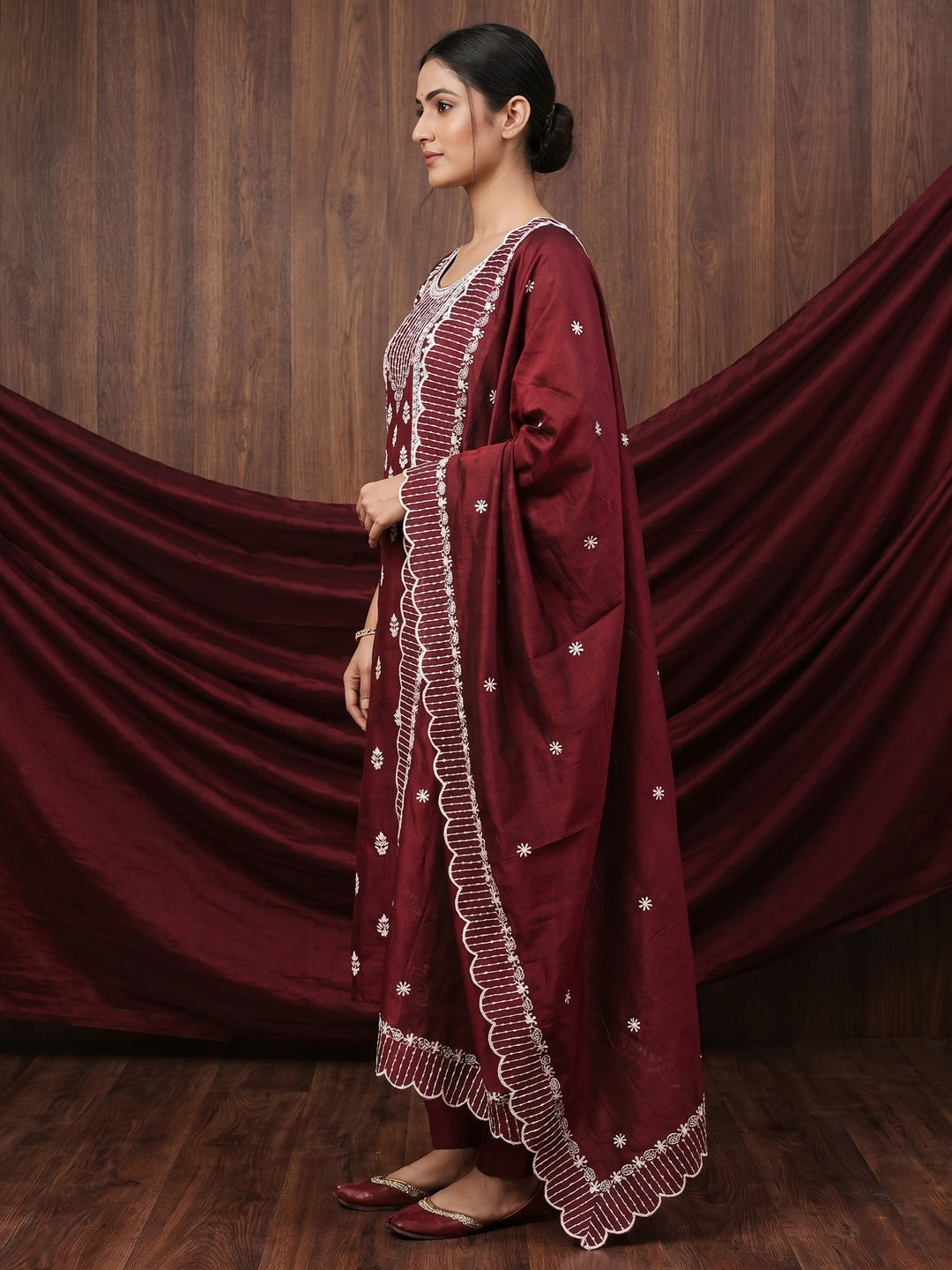 Maroon Floral Embroidered Chanderi Dress Material - Image 2