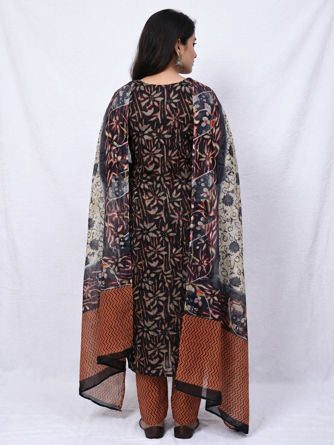Black Floral Printed Pure Cotton Dress Material - Image 3