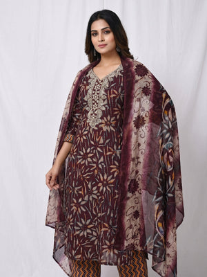 Maroon Floral Printed Pure Cotton Dress Material - Image 1
