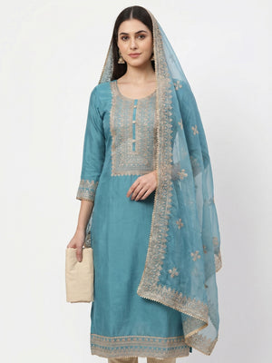 Blue Floral Embroidered Cotton Silk Dress Material - Image 1
