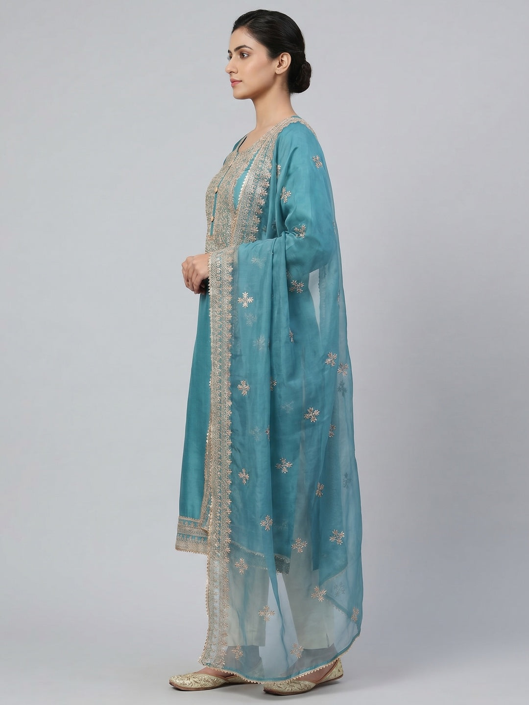 Blue Floral Embroidered Cotton Silk Dress Material - Image 2
