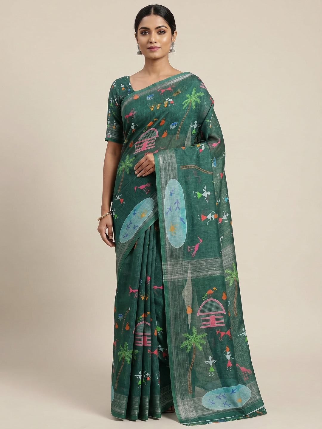 Green Digital Printed Linen Saree - Image 1