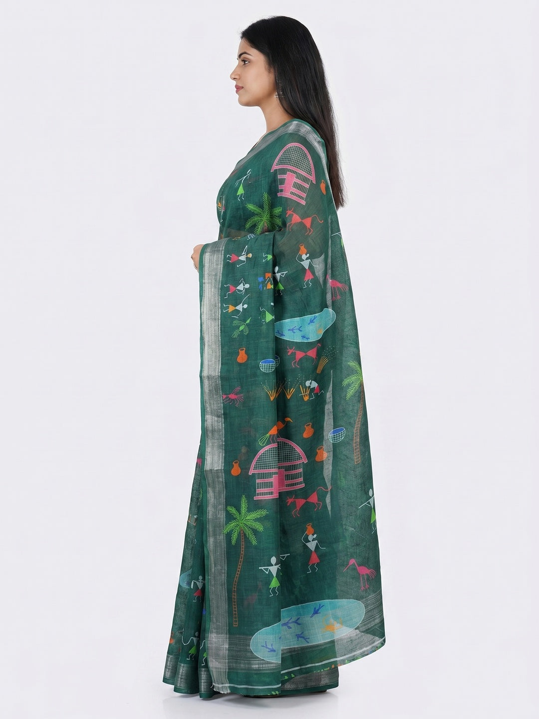 Green Digital Printed Linen Saree - Image 2