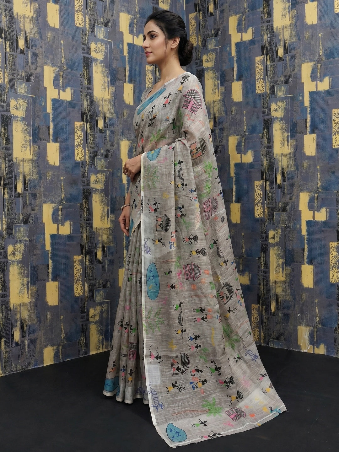 Grey Digital Printed Linen Saree - Image 2
