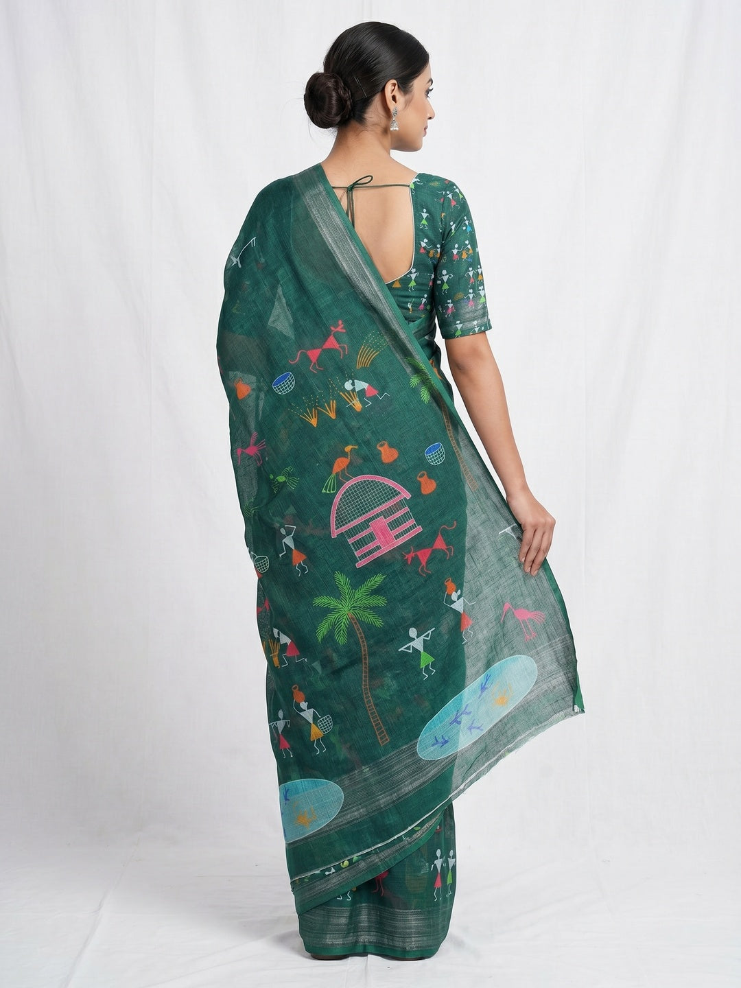 Green Digital Printed Linen Saree - Image 3