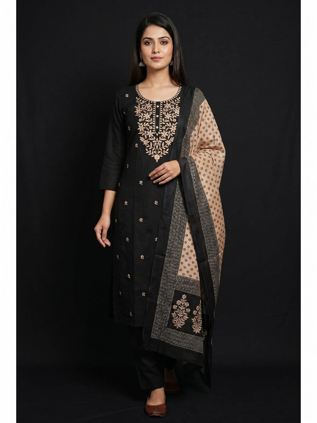 Black Embroidered Viscose Dress Material - Image 1
