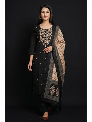 Black Embroidered Viscose Dress Material - Image 1
