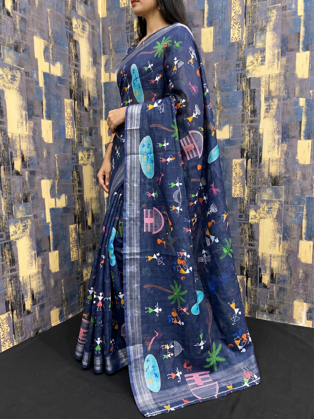Blue Digital Printed Linen Saree - Image 3