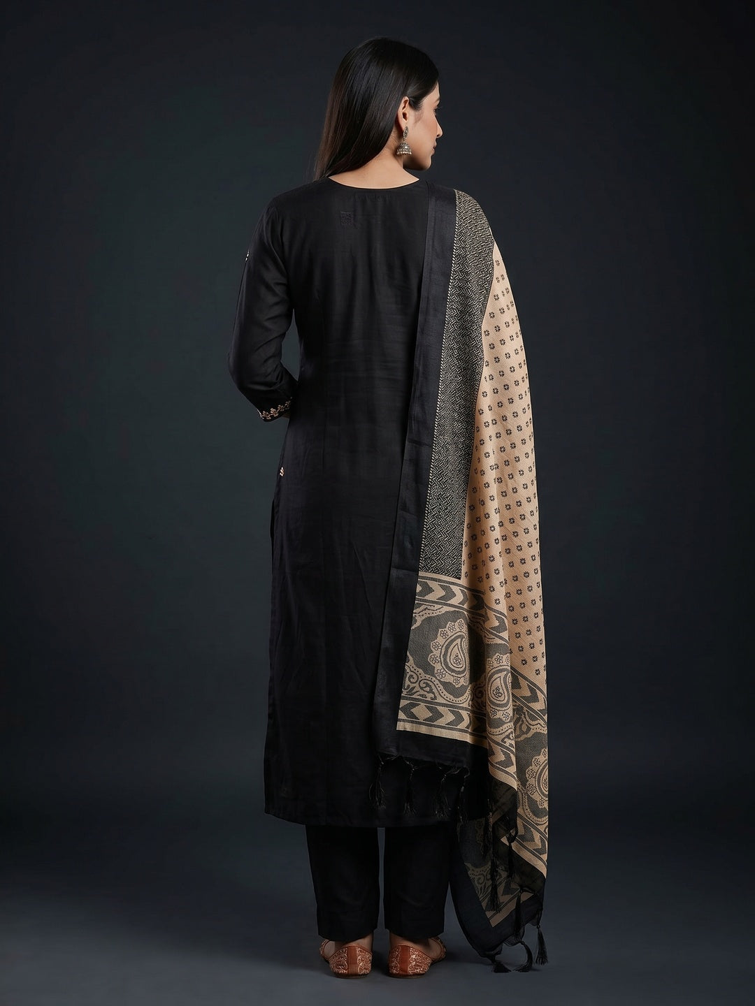 Black Embroidered Viscose Dress Material - Image 3