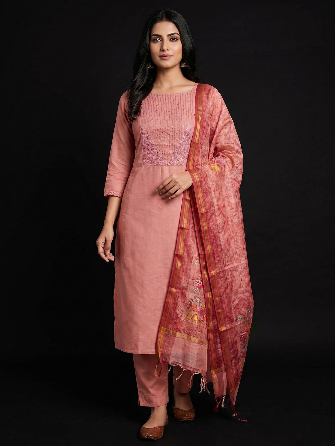 Peach Floral Embroidered Pure Cotton Dress Material - Image 1