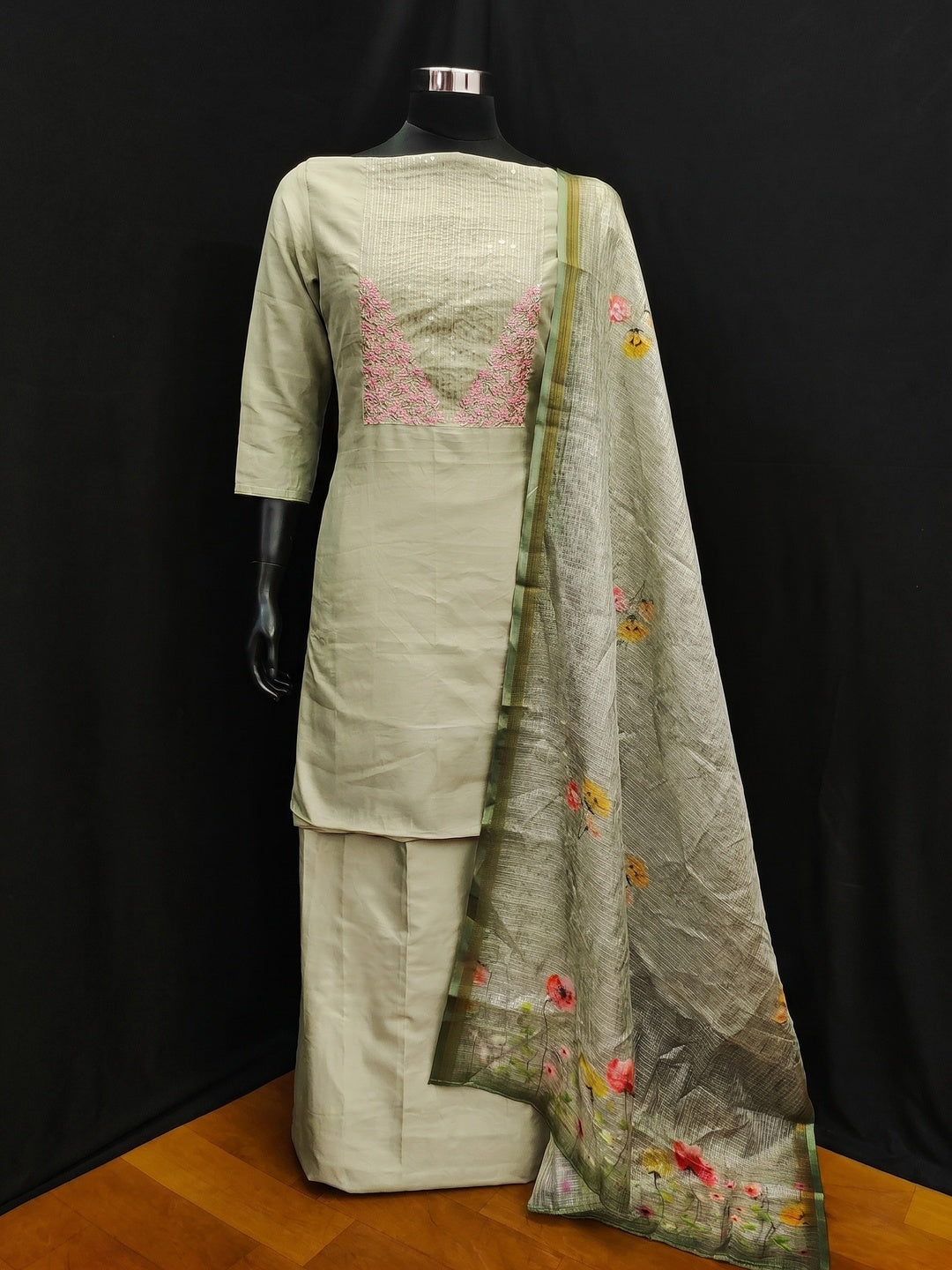 Green Floral Embroidered Pure Cotton Dress Material - Image 1
